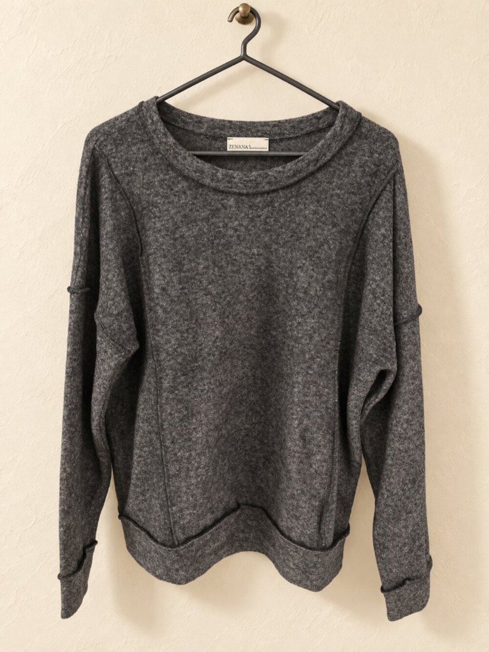 Zenana Charcoal Heather Exposed Seam Pullover Sweatshirt Large NWOT